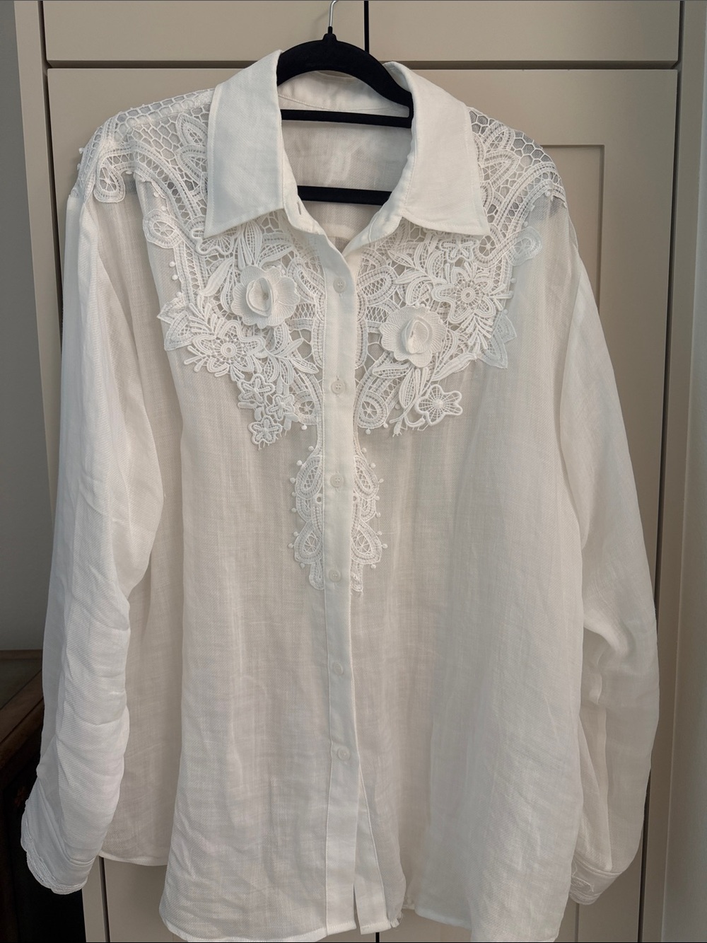 Women’s White Lace-Detail Button-Down Shirt - Linen